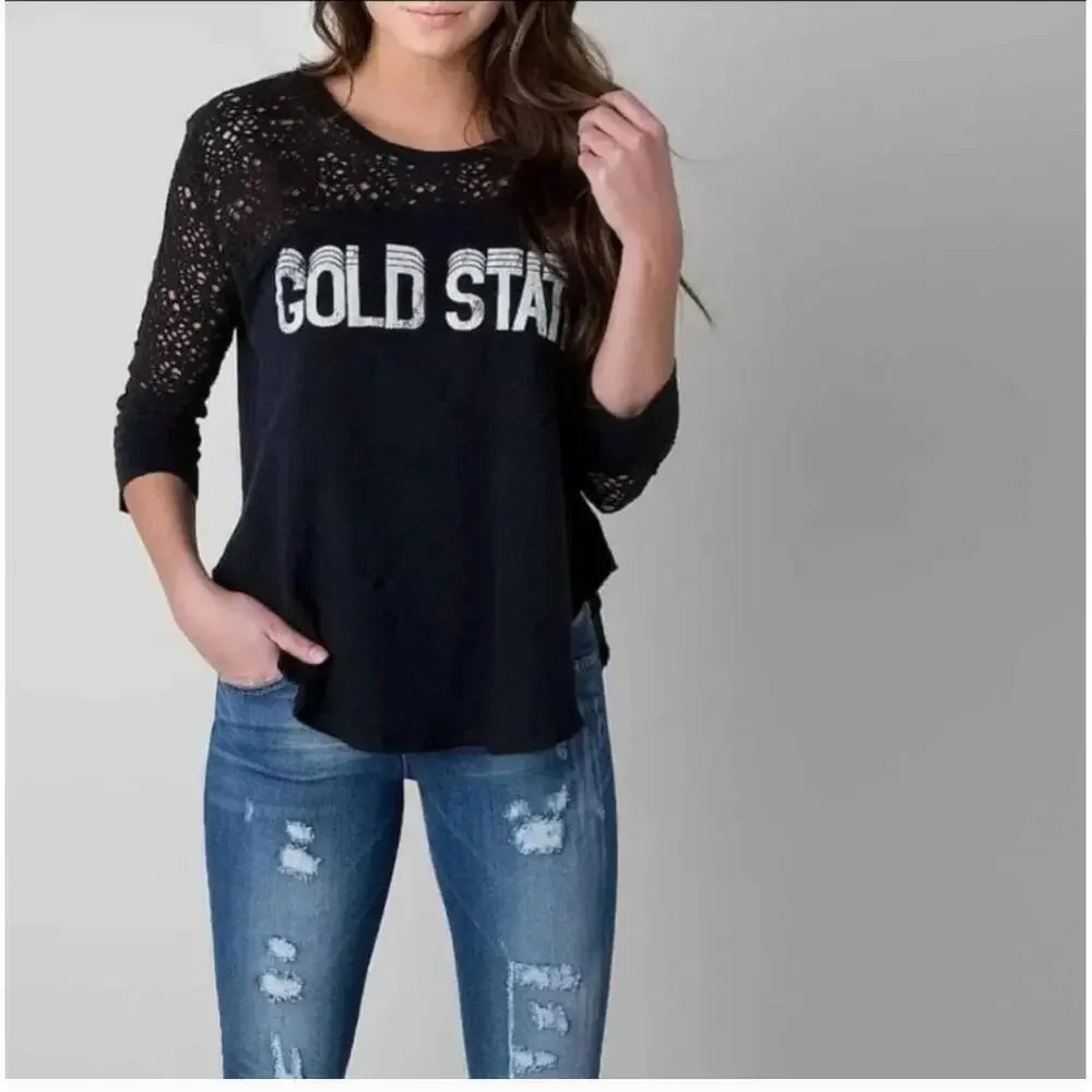 Free People Gold State Black Distressed Tee Vintage Style Size M